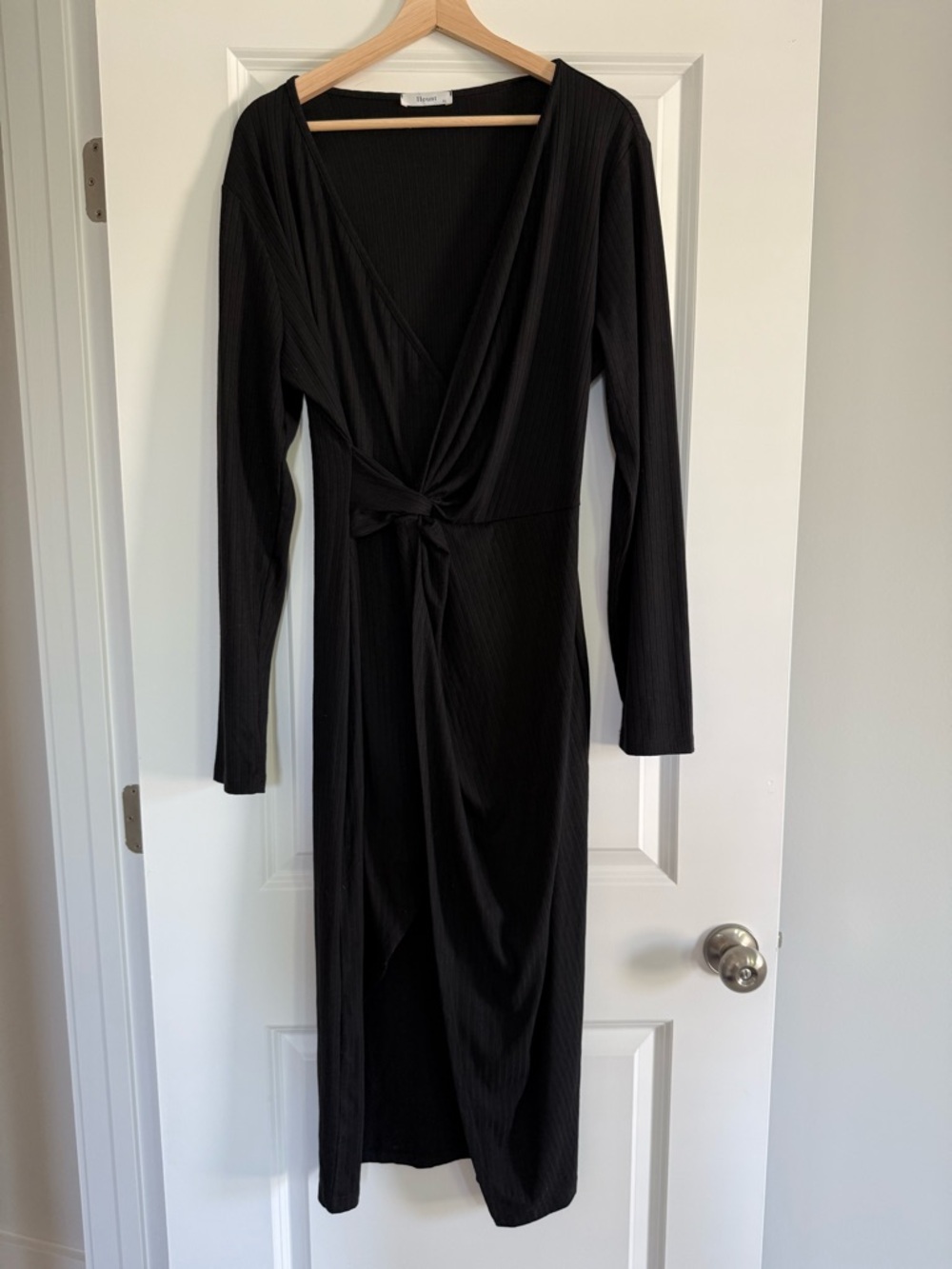 Hount Women's Black Ribbed Knot-Front Long Sleeve Dress XL